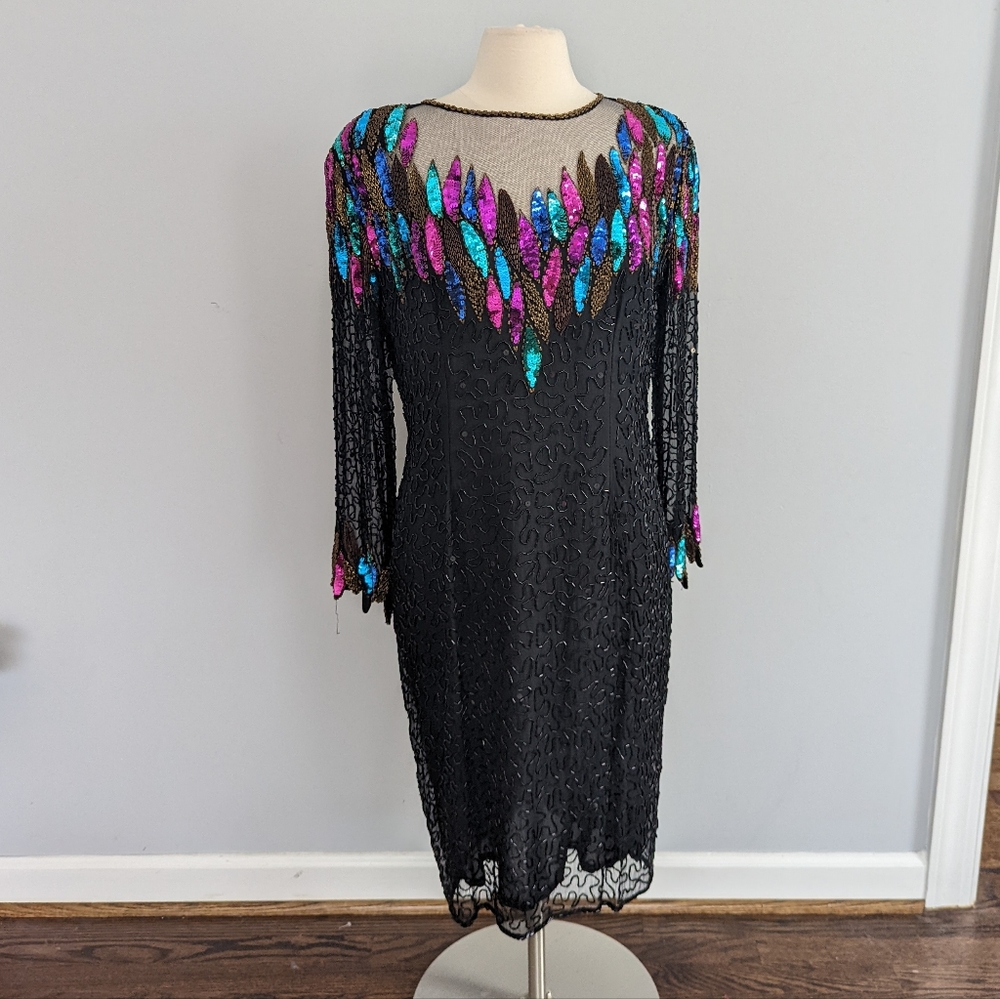 Vintage Beaded Feathers 80s 90s Black Blue Purple Dress Size Medium Mesh Front